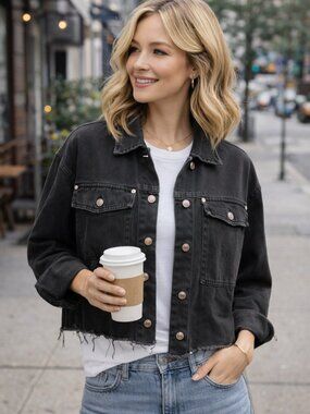 Zara Cropped Denim Jacket Frayed Hem Size XS Black